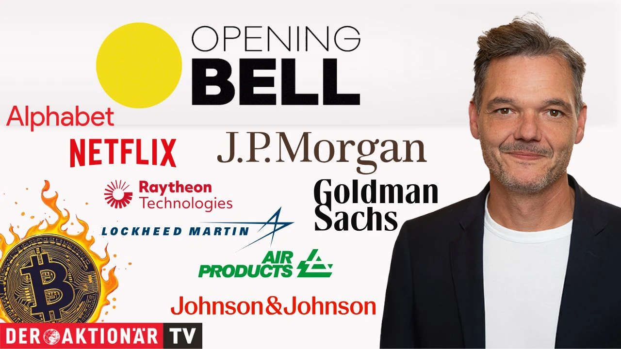 Opening Bell: Wall Street startet neue Handelswoche im Minus; Bitcoin-Rally, Q2-Zahlen-Saison, Netflix, JPMorgan, Goldman Sachs, RTX, Lockheed Martin, Alphabet, Air Products, Netflix im Fokus