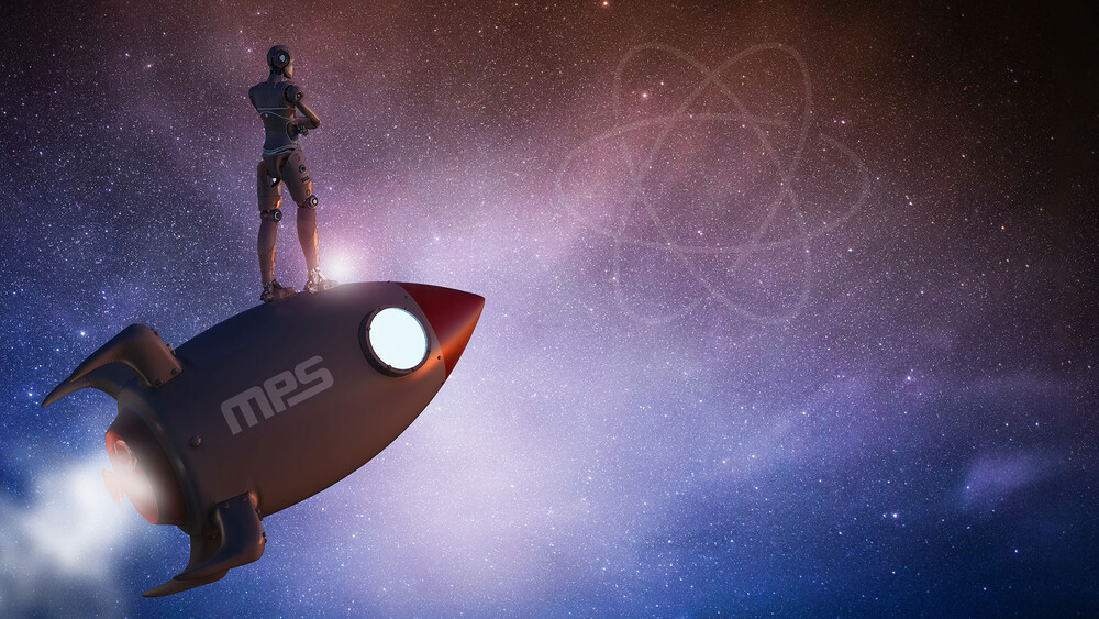 Roboter steht auf startender Rakete mit mps-Logo