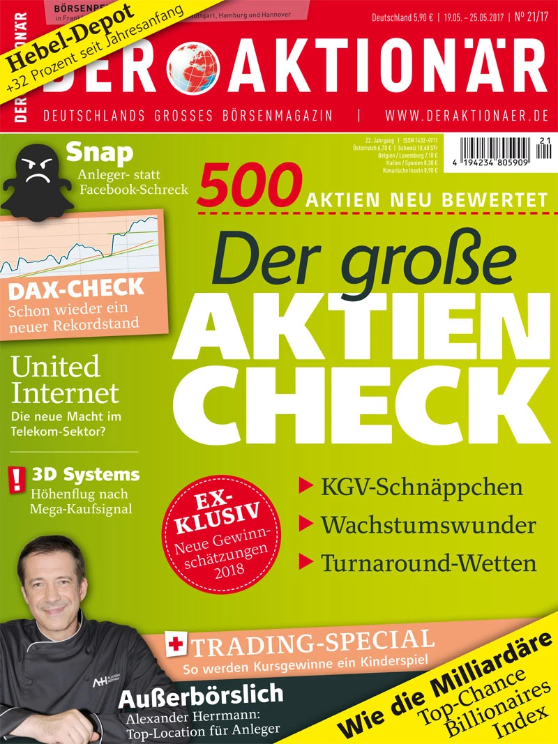 Neue Ausgabe - 500 Aktien neu bewertet: Der große Aktien-Check +++ Trading-Special: So werden Kursgewinne ein Kinderspiel +++ Wie die Milliardäre: Top-Chance Billionaires Index +++ Außerbörslich: Alexander Herrmann - Top-Location für Anleger