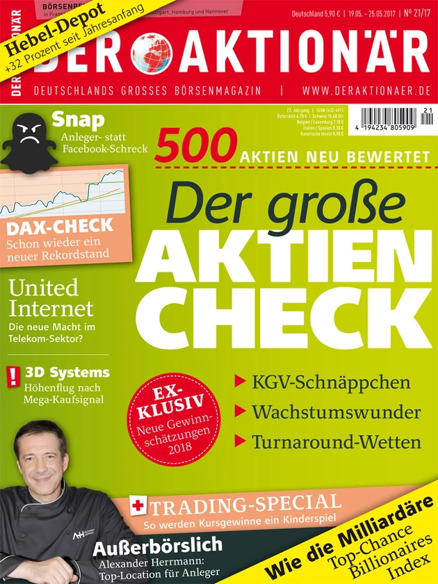 Neue Ausgabe ‑ 500 Aktien neu bewertet: Der große Aktien‑Check +++ Trading‑Special: So werden Kursgewinne ein Kinderspiel +++ Wie die Milliardäre: Top‑Chance Billionaires Index +++ Außerbörslich: Alexander Herrmann ‑ Top‑Location für Anleger