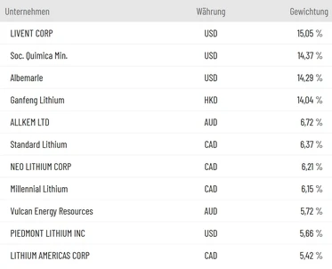 Die Gewichtung der Werte im Best of Lithium Index.