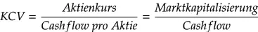 KCV (Kurs-Cashflow-Verhältnis): Eine zweite Alternative zum KGV ist das KCV. Es gibt das Verhältnis des Aktienkurses zur Liquidität gemessen am Cashflow wider.