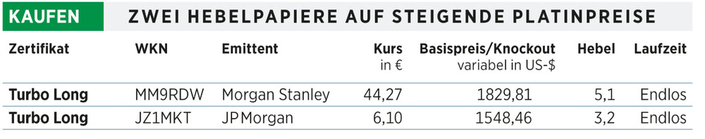 Zwei Hebelpapiere auf steigende Platinpreise