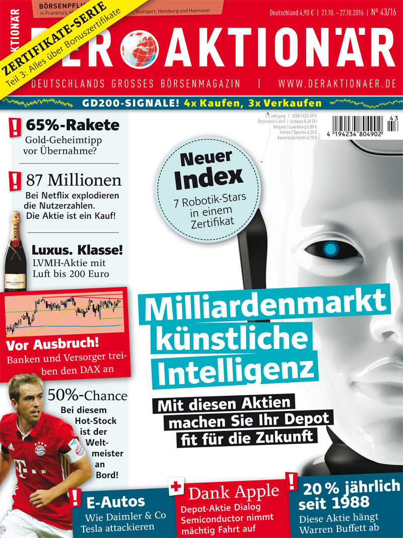 Milliardenmarkt künstliche Intelligenz - Mit diesen Aktien machen Sie Ihr Depot fit für die Zukunft +++ E-Autos: Wie Daimler & Co Tesla attackieren +++ 20% jährlich seit 1988: Diese Aktie hängt Warren Buffett ab +++ 65% Rakete: Gold-Geheimtipp