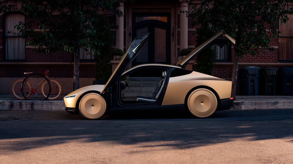 Robotaxi Tesla Cybercab parkt mit offenen Türen in einer Straße