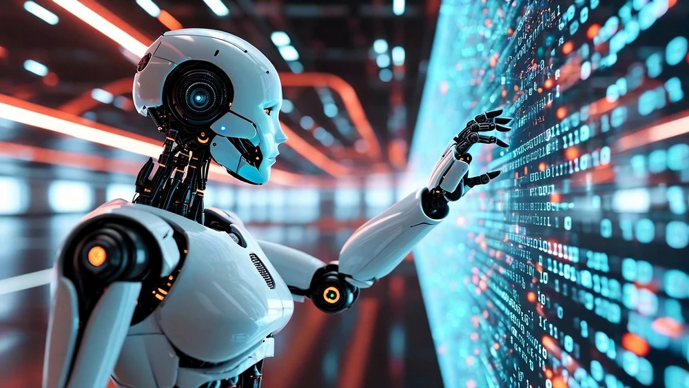 Das Bild zeigt einen humanoiden Roboter, der in einer futuristischen Umgebung mit digitalem Binärcode interagiert