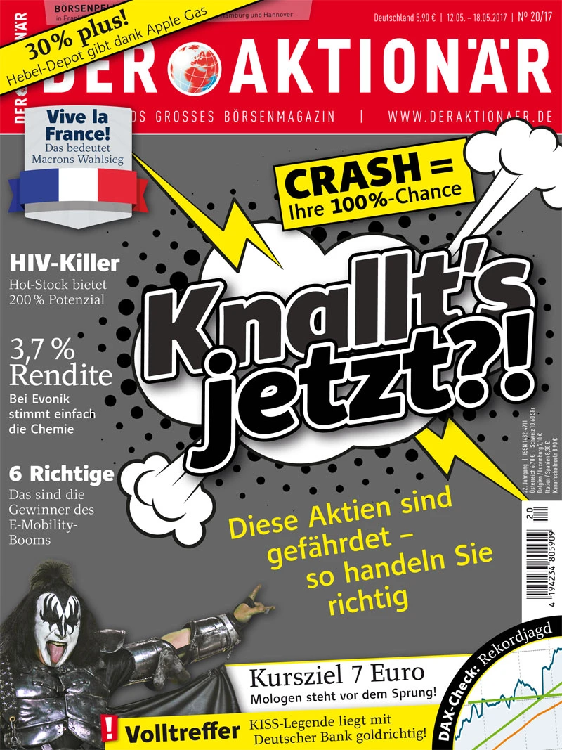 Neue Ausgabe: CRASH = Ihre 100% Chance: Knallt's jetzt? Diese Aktien sind gefährlich - so handeln Sie richtig +++ Volltreffer! Kiss-Legende liegt mit Deutsche Bank goldrichtig! +++ Volltreffer: Das sind die Gewinner des E-Mobility-Booms