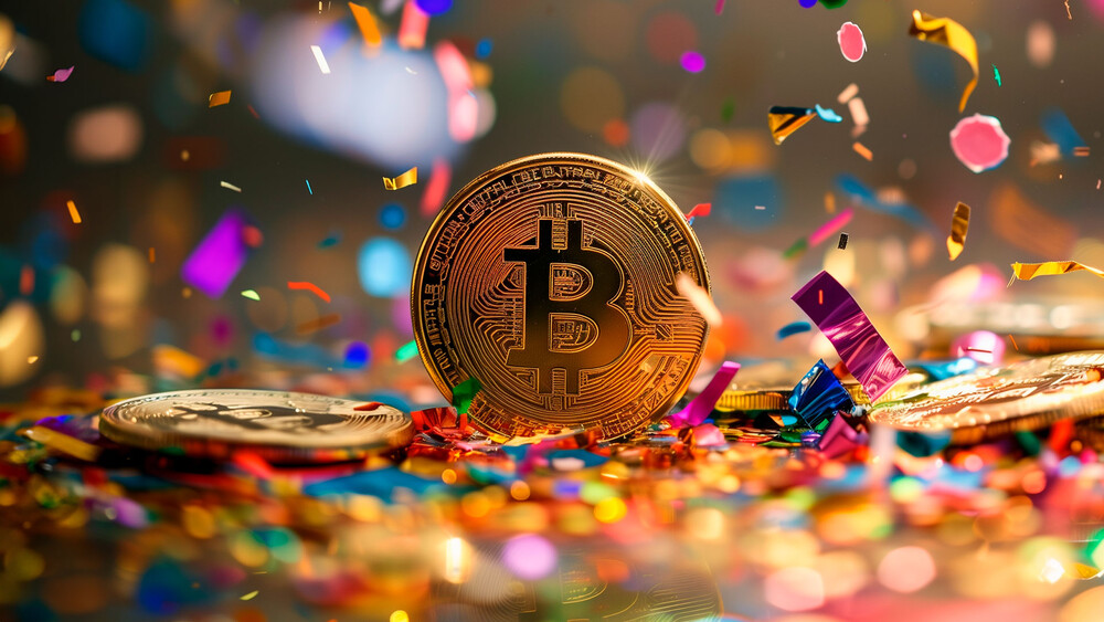 Bitcoin coins between colorful confetti