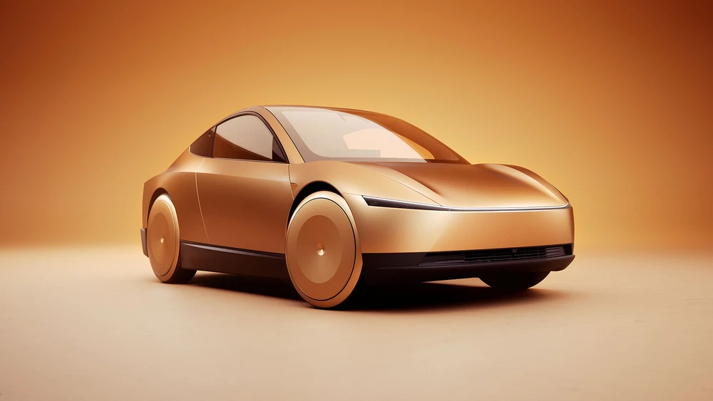 Goldenes Tesla Robotaxi Cybercab vor goldenem Hintergrund