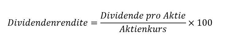 Um die Dividendenrendite zu berechnen, müssen Anleger den Quotienten aus Dividende pro Aktie und dem Aktienkurs bilden. Um eine Prozentzahl zu erhalten, muss noch mit 100 multipliziert werden. 