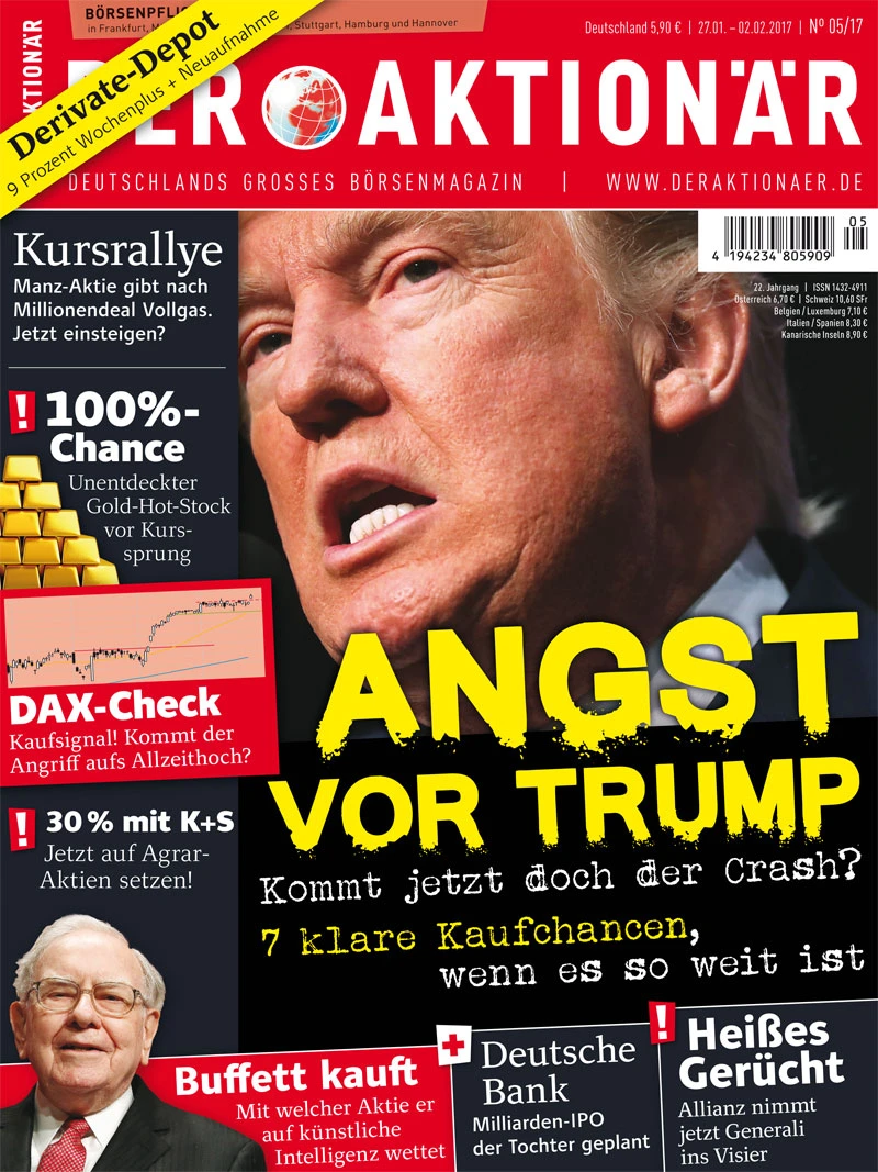 Angst vor Trump – Kommt jetzt doch der Crash? 7 klare Kaufchancen, wenn es so weit ist +++ 100% - Chance: Unentdeckter Gold-Hot-Stock vor Kurssprung +++ Buffett kauft: Mit welcher Aktie er auf künstliche Intelligenz wettet