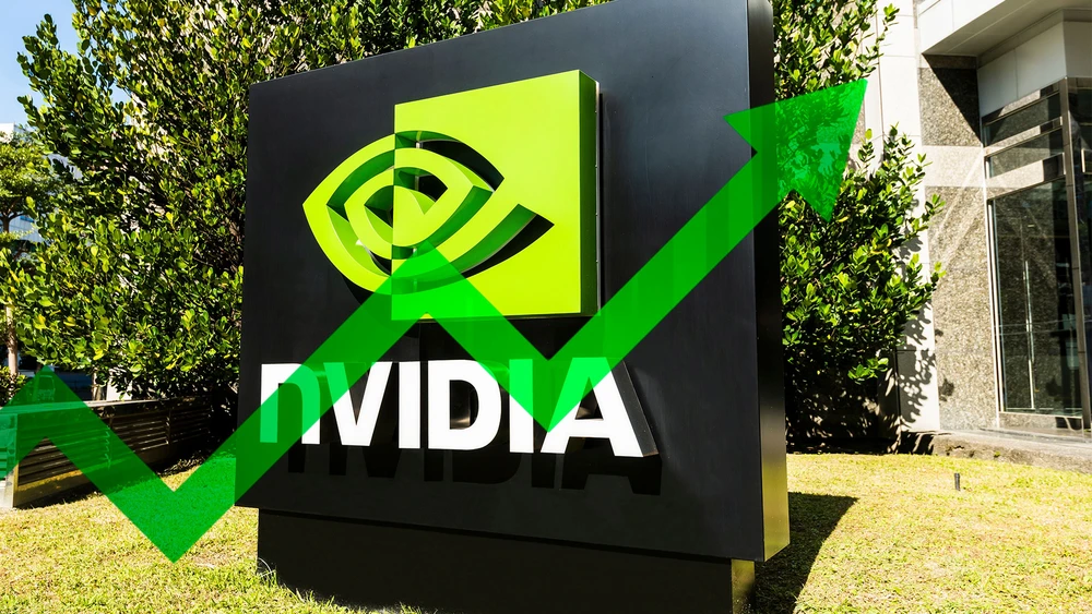 Nvidia Firmenschild mit grünem Pfeil nach oben