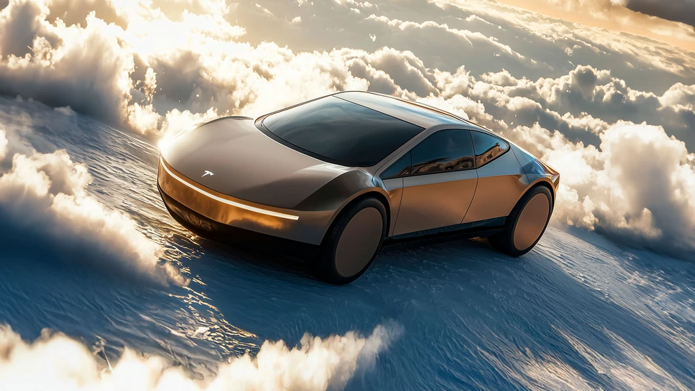 Goldenes futuristisches Tesla Robotaxi Modell steht in den Wolken