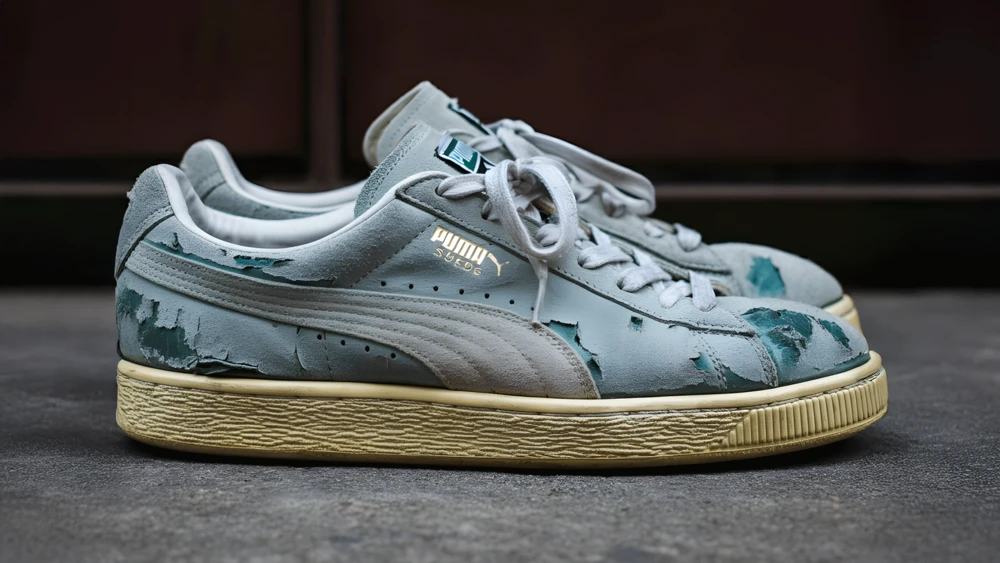 KI-Illustration: Alte und sehr kaputte Puma Wildleder Sneaker