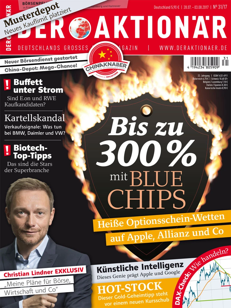 Neue Ausgabe: Bis zu 300% mit Blue Chips: Heiße Optionsschein-Wetten auf Apple, Allianz und Co +++ Kartellskandal: Was tun bei BMW, Daimler und VW? +++ Buffett unter Strom: Sind E.on und RWE Kaufkandidaten?