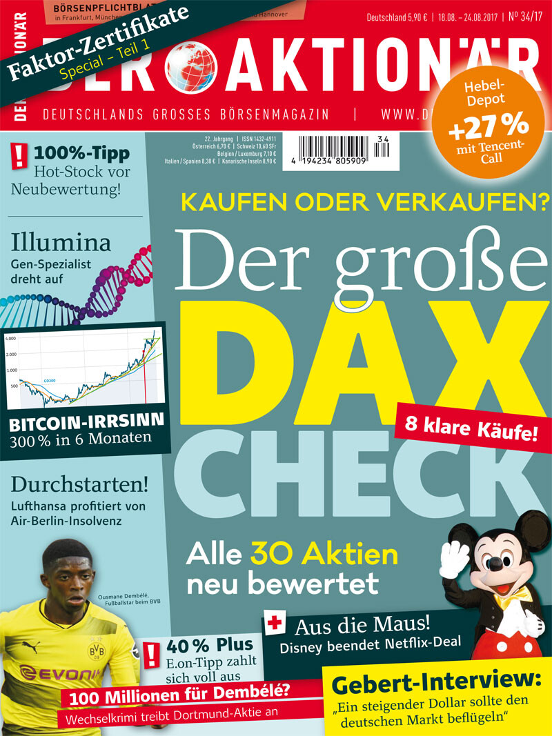 Neue Ausgabe: Kaufen oder verkaufen? Der große DAX-Check! Alle 30 Aktien neu bewertet +++ Bitcoin-Irrsinn: 300% in 6 Monaten +++ Durchstarten: Wer profitiert von Air-Berlin-Insolvenz? +++ Auch im Heft: Amazon, Alibaba, Netflix, Tesla