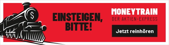 Der Aktienexpress, eine schwarze Lokomotive mit Dollarzeichen vorne drauf steht für den Podcast Money Train