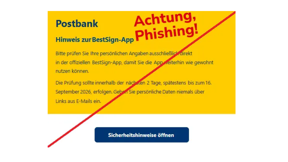 Die Verbraucherzentrale warnt vor solchen Phishing-Mails an Postbank-Kunden