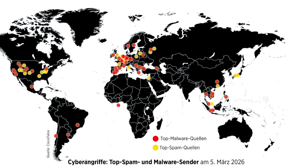 Cyberangriffe: Top-Spam- und Malware-Sender am 5. März 2026