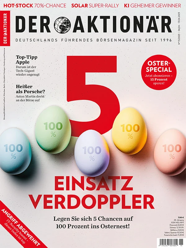 Von einem deutschen Nebenwert, der gerade einen Kurssturz erlebt hat, über einen Batteriehersteller bis hin zu einem aussichtsreichen Biotech-Titel. Im aktuellen DER AKTIONÄR-Magazin erhalten Sie 5 Chancen auf 100 Prozent.