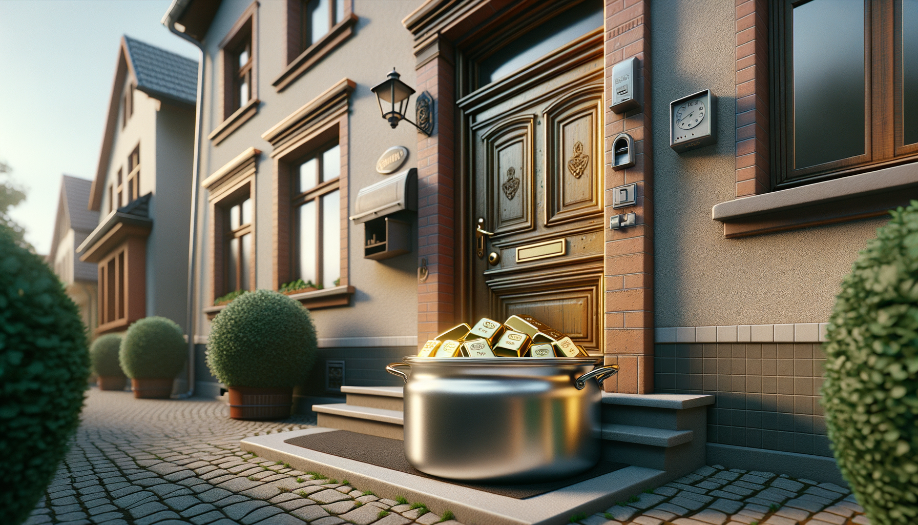 Mann stellt Kochtopf voller Goldbarren vor die Tür: So zocken Betrüger arglose Anleger ab (Foto: BÖRSE ONLINE/ChatGPT (KI-generiert))