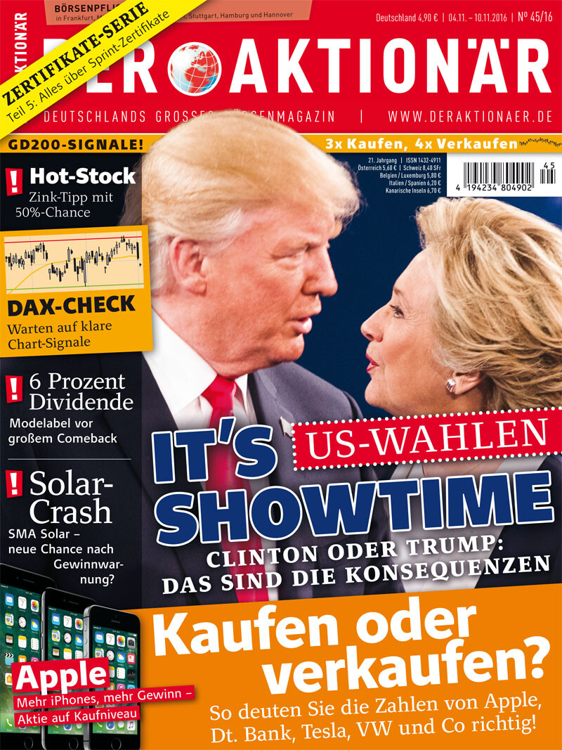 US-Wahlen - It's Showtime: Clinton oder Trump: Das sind die Konsequenzen +++ Kaufen oder verkaufen? So deuten Sie die Zahlen von Apple, Dt. Bank, Tesla, VW und Co richtig! +++ 6 Prozent Dividende: Modelabel vor großem Comeback