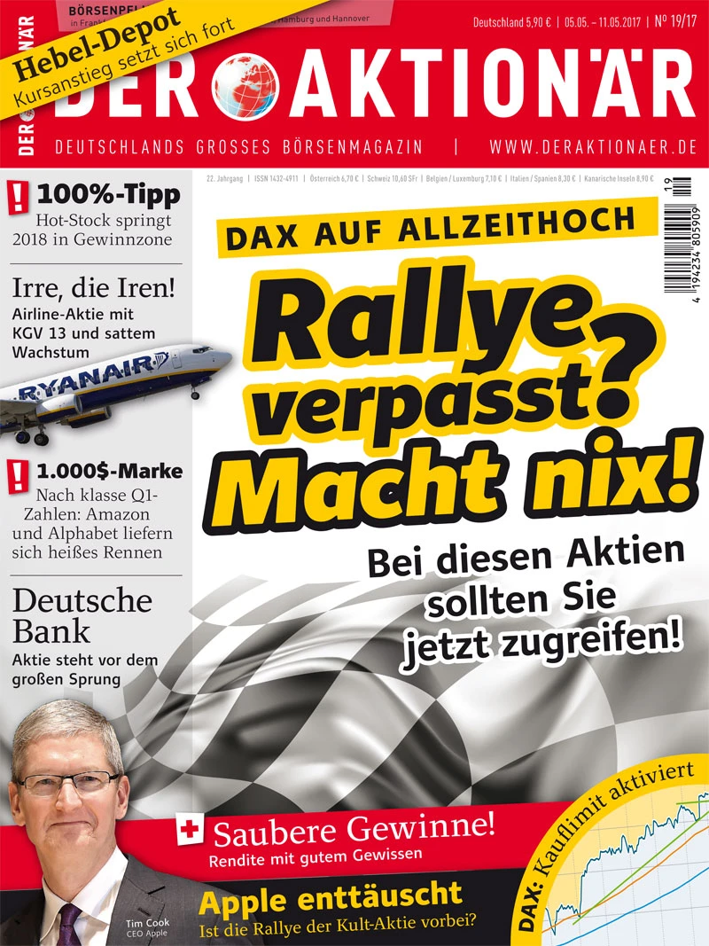 Neue Ausgabe: DAX auf Allzeithoch: Rallye verpasst? Macht nix! Bei diesen Aktien sollten Sie jetzt zugreifen +++ 1.000 $ - Marke: Nach klasse Q1-Zahlen: Amazon und Alphabet liefern sich heißes Rennen +++ Deutsche Bank: Aktie steht vor dem großen Sprung