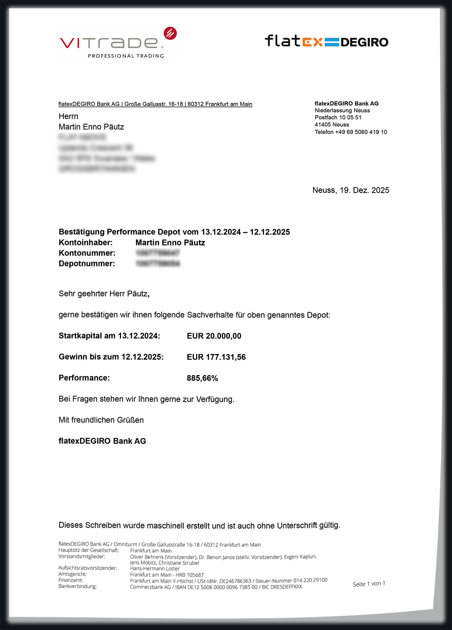 Dokument der flatexDEGRIRO Bank AG das Herr Enno Päutz von 13.12.2024 bis 12.12.2025 eine Depotperfromance von 885,66% bestätigt