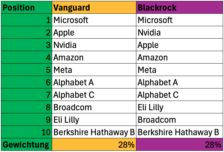 Die Top 10 Positionen von BlackRock und Vanguard