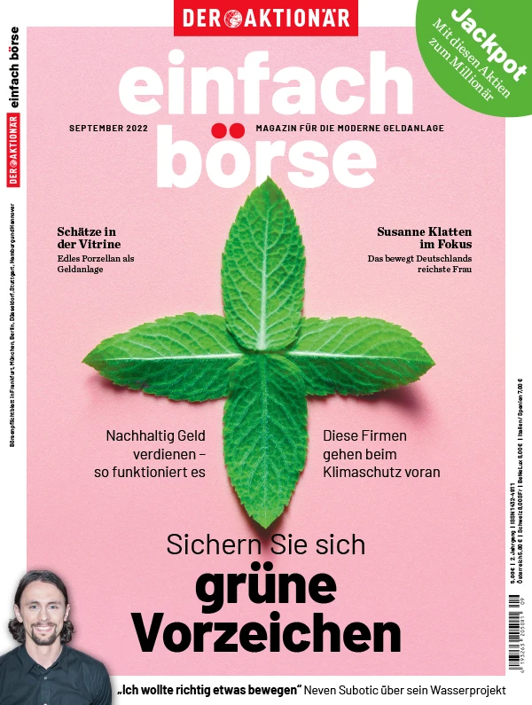 Welche nachhaltigen Titel auch in puncto Renditechancen überzeugen, lesen Sie in der aktuellen Ausgabe von einfach börse. Die Redaktion stellt 20 Unternehmen vor, von Konsumgüter- bis Pharmakonzern, von Recyclingspezialist bis Chiphersteller. Außerdem im Schwerpunkt: Welche DAX-Konzerne heute bereits nachhaltig arbeiten. Rendite geht definitiv auch in Grün!