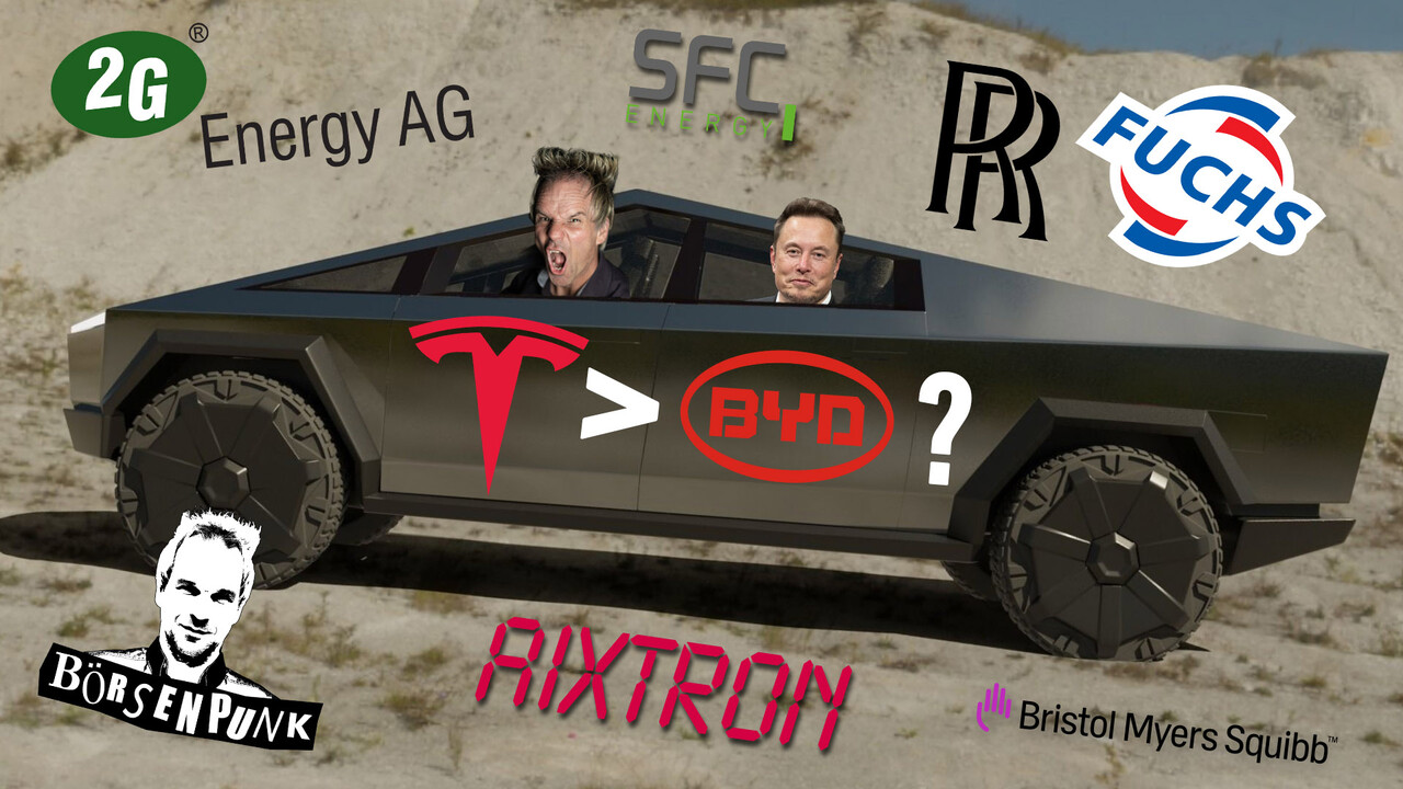 Börsenpunk: Tesla dank Cybertruck besser als BYD? Nebenwerte-Perlen Aixtron und SFC Energy – Rolly-Royce, Fuchs Petrolub, Bristol-Myers Squibb im Check – Top-Neuzugang für´s 80-Prozent-Depot