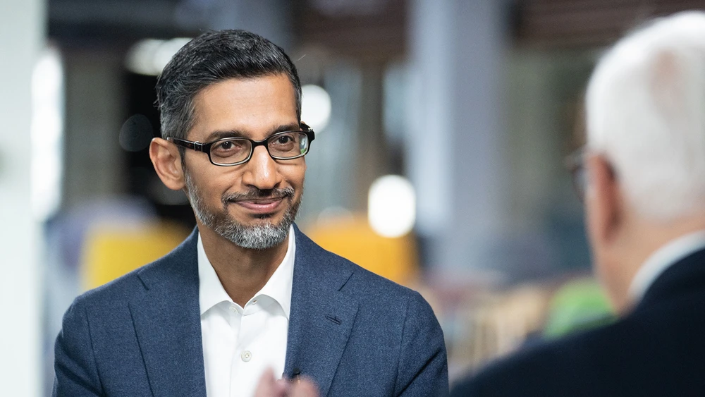 Sundar Pichai, Vorstandsvorsitzender von Alphabet Inc., während eines Interviews für eine Folge von „The David Rubenstein Show, 2025“