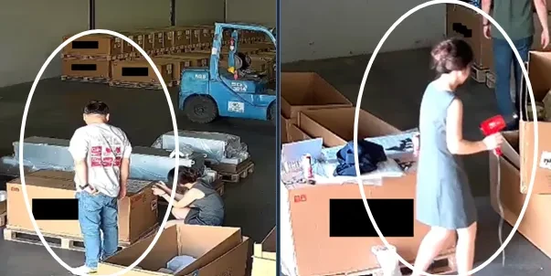 Bilder von Ting-Wei „Willy“ Sun (links) und einem Mittelsmann (rechts), die angeblich von Überwachungskameras dabei aufgenommen wurden, wie sie Scheinserver vorbereiteten.