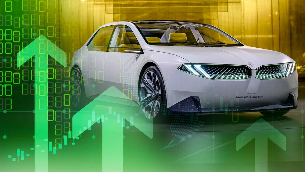 BMW "Neue Klasse" vor futuristischem Hintergrund mit grünen Pfeilen nach oben