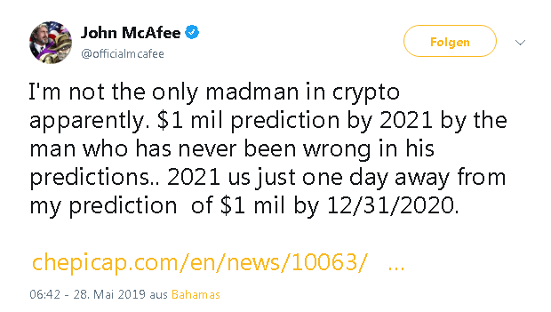 Bitcoin 1 Million Dollar Bis Ende 2020 Mcafee Halt An Wette Fest - 