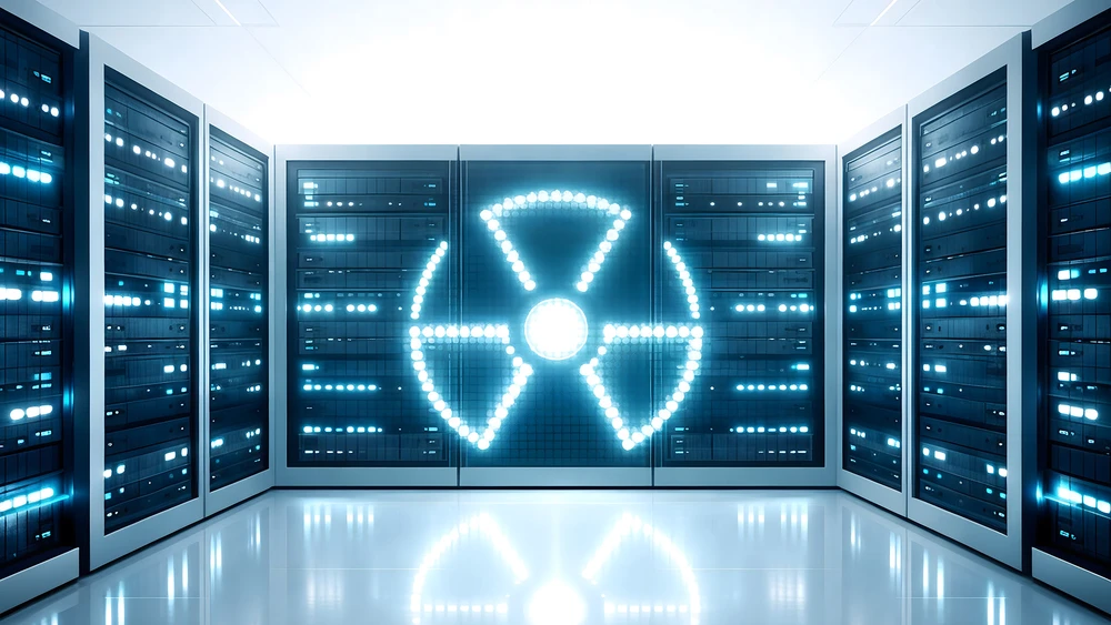 abstraktes, futuristisches Server-Raster mit leuchtenden LEDs, die ein dezentes Atomsymbol bilden