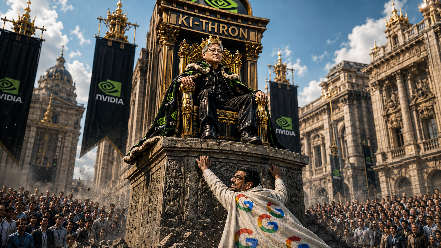 Stößt Google Nvidia vom Thron? Im KI‑Markt bahnt sich ein Duell um die Pole Position an (Foto: BÖRSE ONLINE/ChatGPT (KI-generiert))