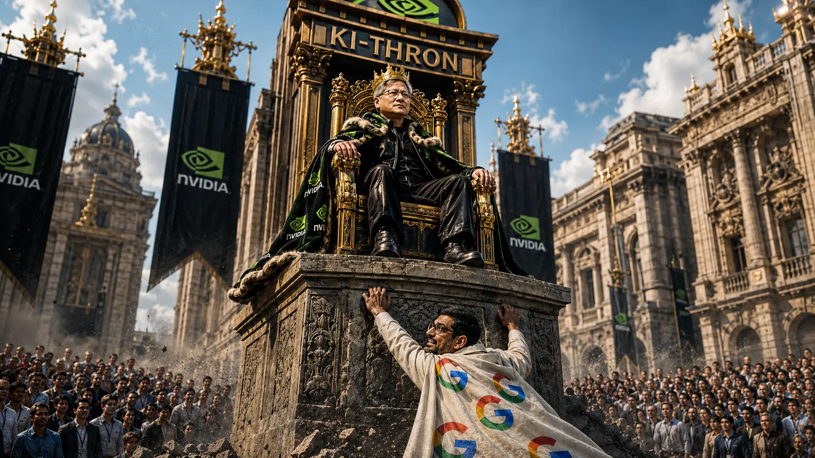 Stößt Google Nvidia vom Thron? Im KI‑Markt bahnt sich ein Duell um die Pole Position an  (Foto: BÖRSE ONLINE/ChatGPT (KI-generiert))