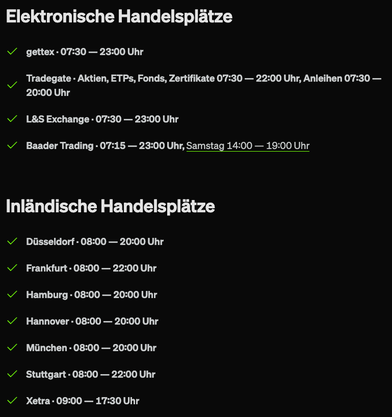 Übersicht der Handelszeiten pro Handelsplatz und Börse
