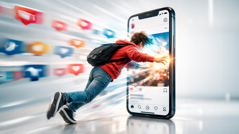 Ein junger Mann in Jeans und Hoodie mit Rucksack wird in ein überdimensionales Smartphone mit Social Media Bildschirm gezogen