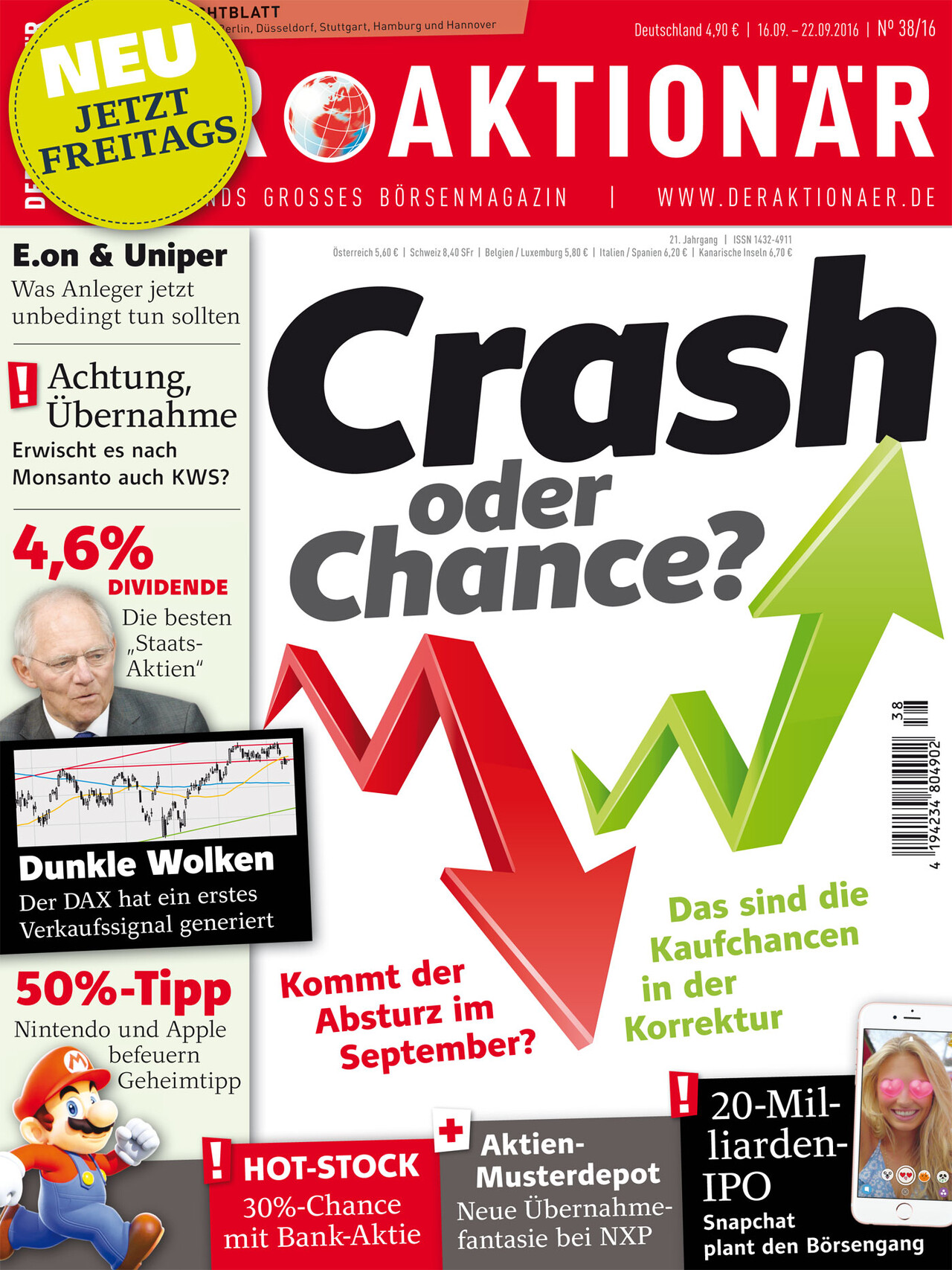 Crash oder Chance? Kommt der Absturz im September? Das sind die Kaufchancen in der Korrektur +++ Achtung Übernahme: Erwischt es nach Monsanto auch KWS? +++ E.on & Uniper: Was Anleger jetzt unbedingt tun sollten +++ Hot-Stock: 30%-Chance mit Bank-Aktie!