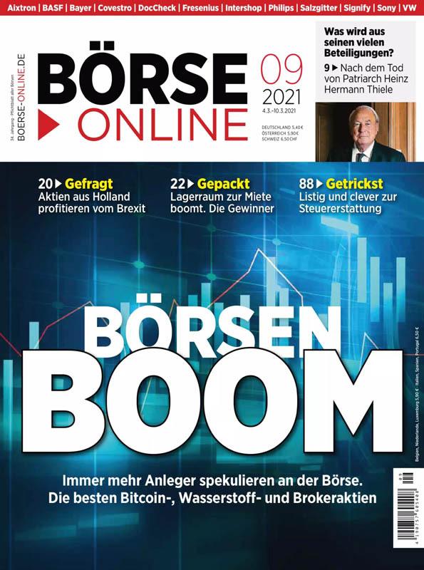 Titelseite Börse Online 09/2021: Börsen Boom – Immer mehr Anleger spekulieren an der Börse. Die besten Bitcoin-, Wasserstoff- und Brokeraktien
